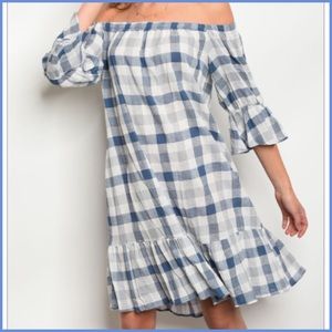 Blue&White Checked Off the Shoulder Sundress Dress